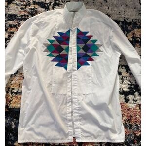 Perruzo Uomo Vintage White Geometric Embroidered Band Collar Shirt L 16-16.5